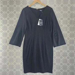 NWT‎ DKNY Black Sheath Dress Work Career Long sleeve V Neck Women's 10